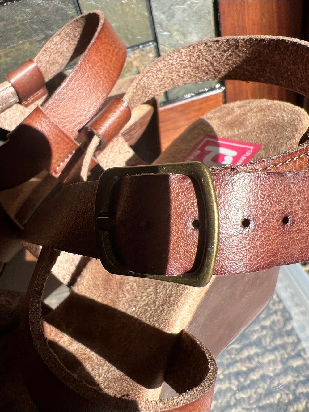 POP Canyon Wedge Brown Leather-Look Crossover Strap Sandals - Picture 5 of 8